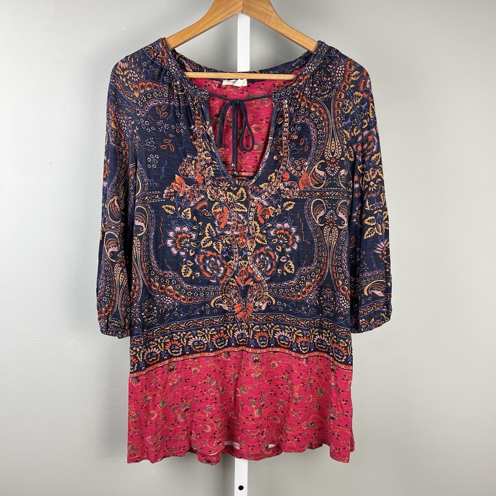 Anthropologie Meadow Rue Top Shirt Blouse Womens Medium Floral Boho Beaded
